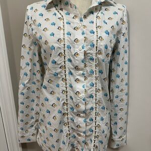 White Button-Up Shirt with Blue and Yellow Pattern